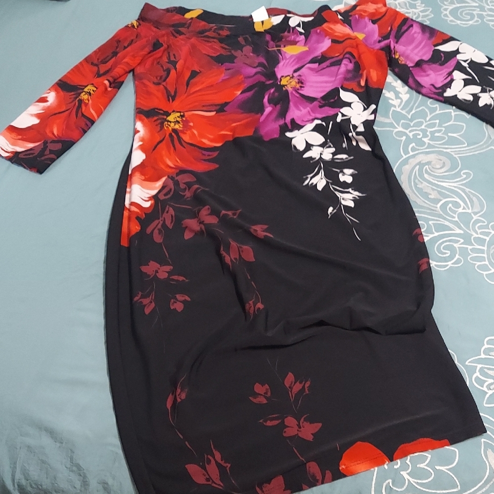 VENUS Black Long-Sleeve Floral Bodycon Dress with Red & Purple Blooms